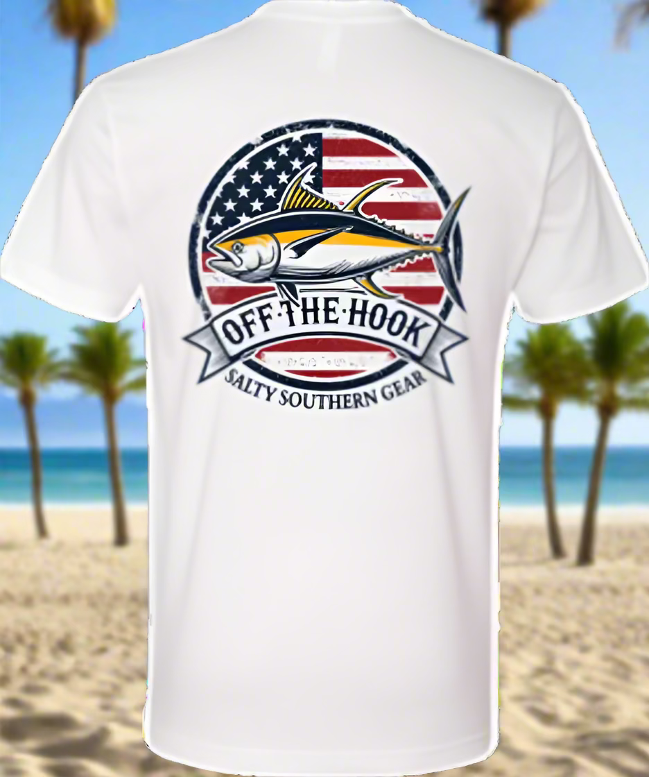White pocket t-shirt with a graphic print of a yellowfin tuna and American flag elements, and text 'OFF THE HOOK SALTY SOUTHERN GEAR'